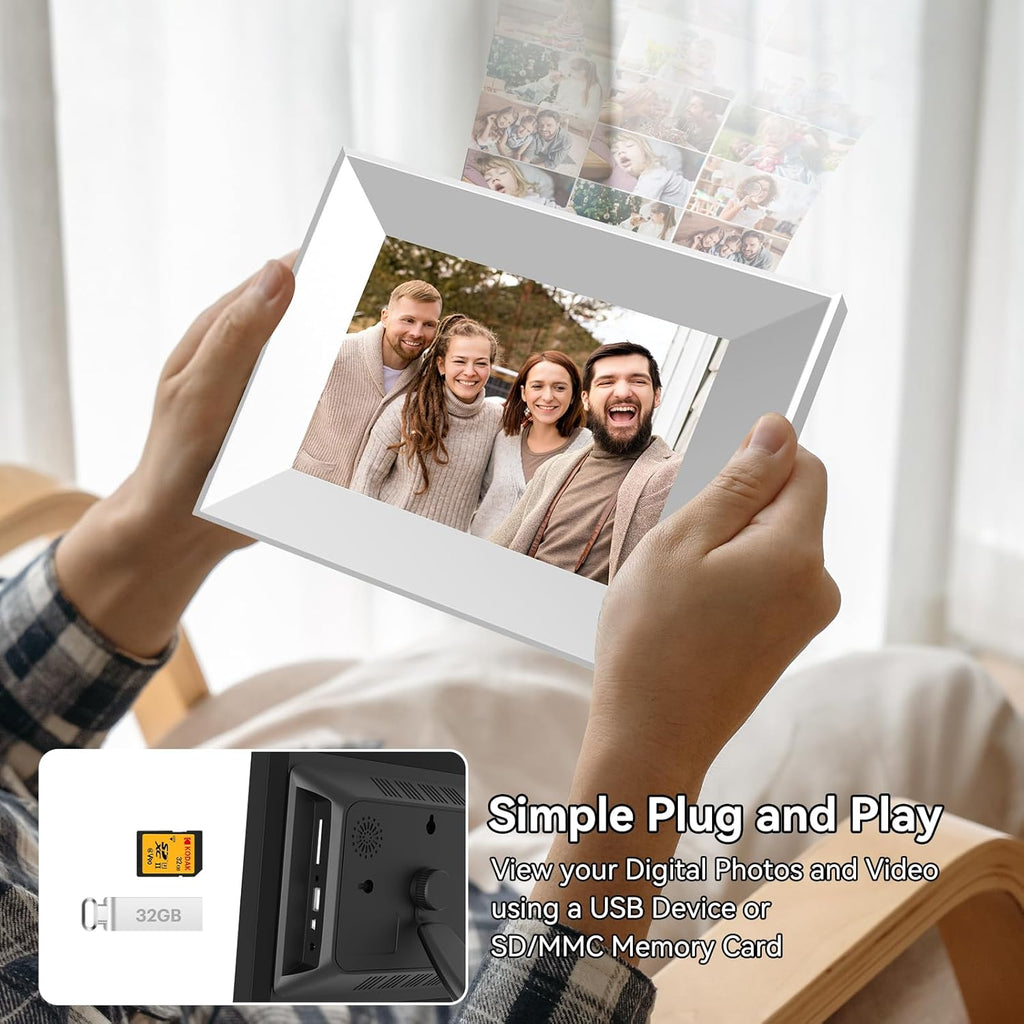 8-Inch Digital Picture Frame with WiFi, Wood Finish Frame Smart Photo Frame HD IPS Touch Screen with 16GB Storage – Easy Photo & Video Sharing from Anywhere – Ideal Gift for Family, White