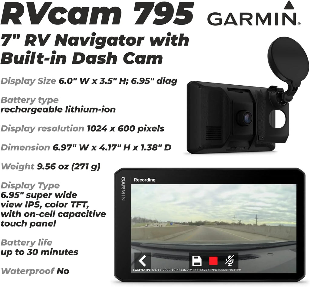 Wearable4U - Garmin RV Cam 795, Large, Easy-to-Read 7 GPS Navigator, Built-in Dash Cam, Automatic Incident Detection, Custom RV Routing with Power Pack Bundle
