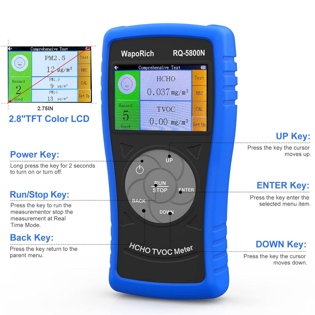 Air Quality Pollution Monitor, Formaldehyde Detector 0-2.50 mg/m3 Professional air Quality Tester Indoor TVOC, for Home Office and Various Occasions Colorful LCD Screen & USB Charging
