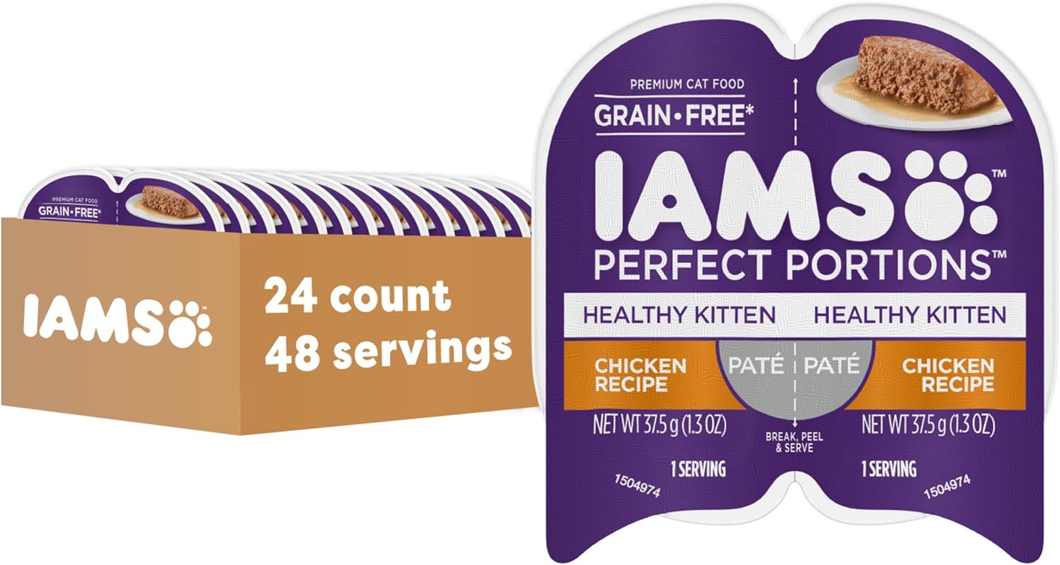 IAMS Perfect Portions Healthy Kitten Grain Free Wet Cat Food Pate, Chicken Recipe, 2.6 oz. Easy Peel Twin-Pack Trays (24 Count, 48 Servings)