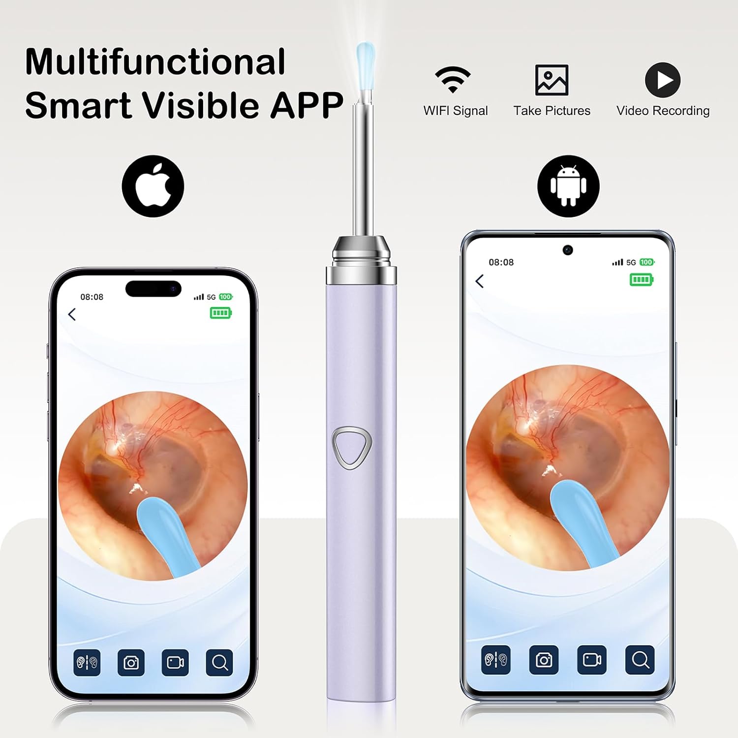 Ear Wax Removal Tool Camera，Ear Cleaner with Camera 1080P, Earwax Removal Kit with 6 LED Light 5 Replacement Ear Spoon, Ear Camera for iOS & Android (Purple)
