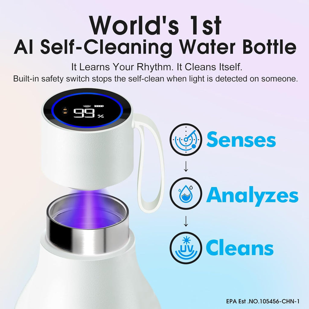 VSITOO 33oz Smart Self Cleaning Water Bottle，Insulated Water Bottle with Stainless Steel, BPA-Free, AI Self-Clean, 30-Day Battery, Magnetic Charging for Travel, Gym or Office, White