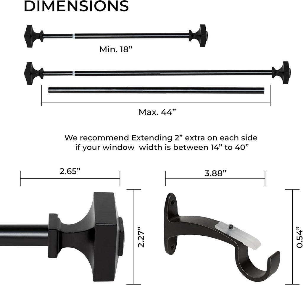 Deco Window Adjustable Curtain Rod for Windows 18 to 44 Inch Extendable Heavy Duty 3/4 Inch Iron Drapery Pole with Square Finials Wall Mounted French Door Curtain Rods (Pack of 1, Black)