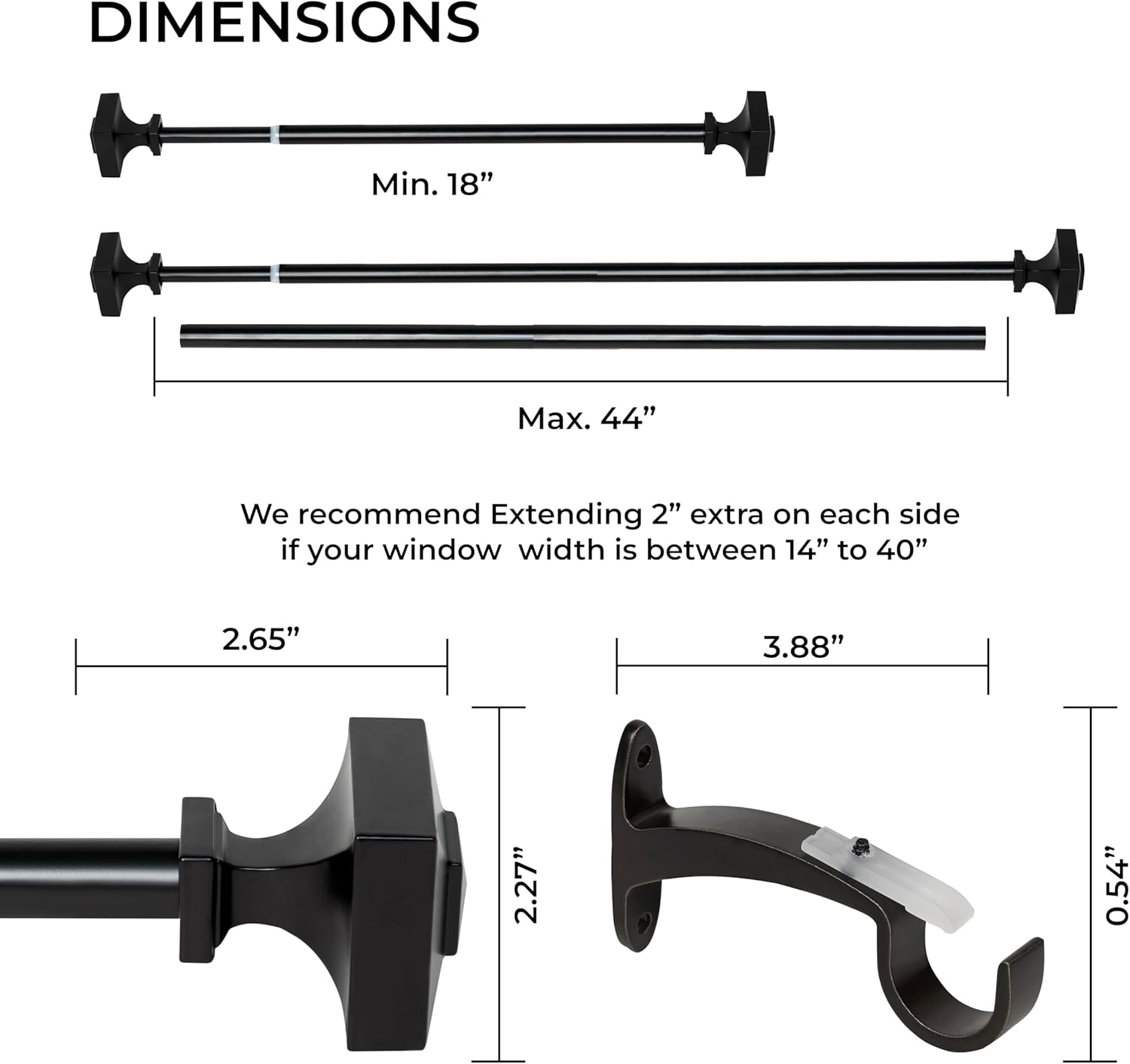 Deco Window Adjustable Curtain Rod for Windows 18 to 44 Inch Extendable Heavy Duty 3/4 Inch Iron Drapery Pole with Square Finials Wall Mounted French Door Curtain Rods (Pack of 1, Black)