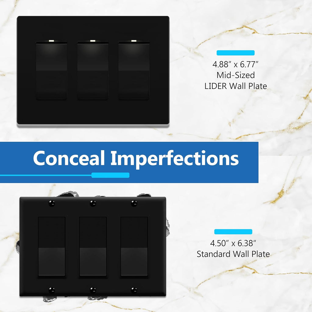 LIDER Matte Finish Triple Decorator Switch Cover, Screwless Wall Plate, Mid-Size 3-Gang 4.88" x 6.77", Polycarbonate Thermoplastic, UL Listed, LSWP-33M-BK, Black
