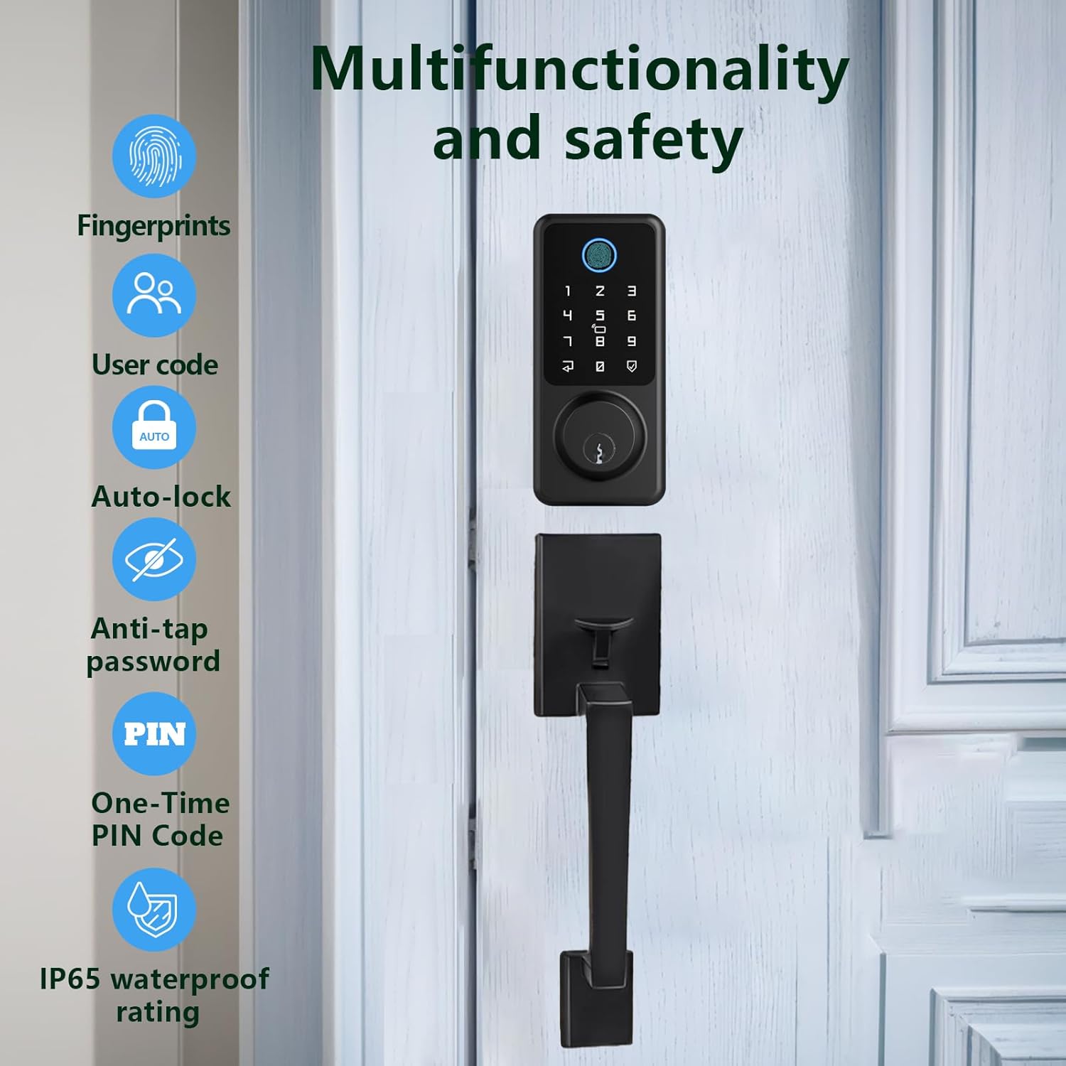 Smart Front Door Lock Handle Set, Keypad Door Lock with Handles, Fingerprint Keyless Entry Smart Locks Handle Kit, Electronic Smart Deadbolt with Auto Lock, Code, APP for Home, Apartment