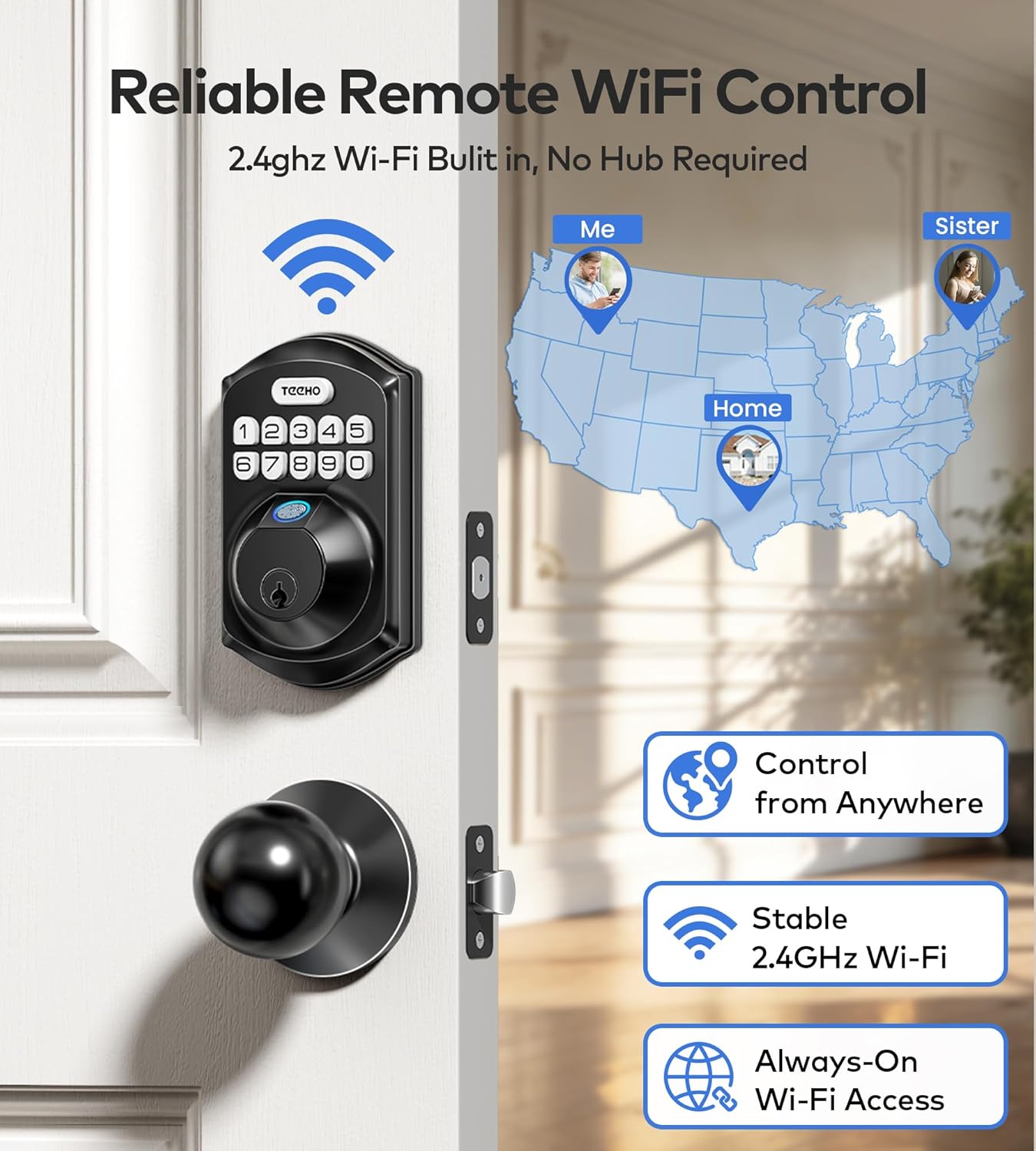TEEHO TE012W-K WiFi Smart Keyless Entry Door Lock with Handle, Fingerprint Door Knob & Digital Keypad, APP Remote Control, Works with Alexa & Google, Electronic Deadbolt for Front Door, Matte Black