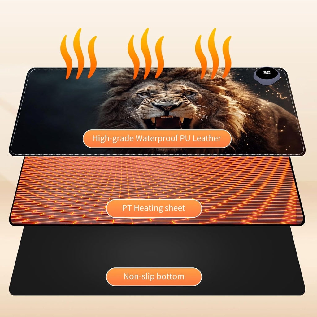 Small Heated Desk Pad 23.6" x 14.2" – Compact Electric Mouse Pad with 3 Heating Levels, Auto Shut-Off, Waterproof PU Surface, Plug-in Warmer for Office or Home Use, Roaring Lion