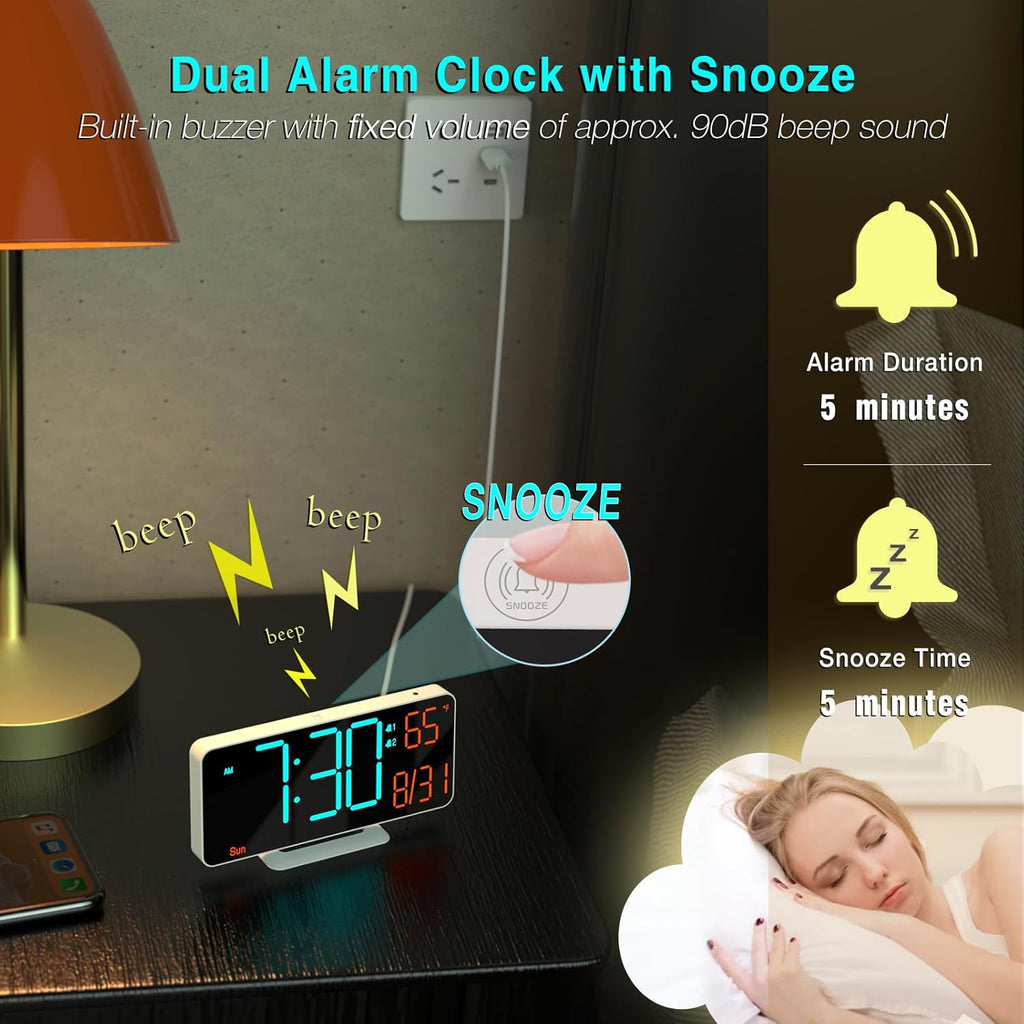 KOSUMOSU Desk Clock, 6.7in Small Digital Clock for Bedroom, Auto Dimming, Room Temperature, Day of The Week, Seconds, Date, LED Clocks for Living Room, Alarm Clocks for Bedrooms