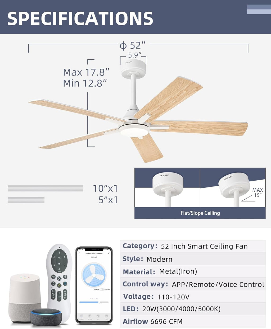 YOUKAIN Ceiling Fans with Lights, 52 Inch White Ceiling Fans, Bedroom Ceiling Fan with Remote & APP Control, Reversible Blades, LED Ceiling Fan for Cover Outdoor Living Room, 52-YJ812-WH
