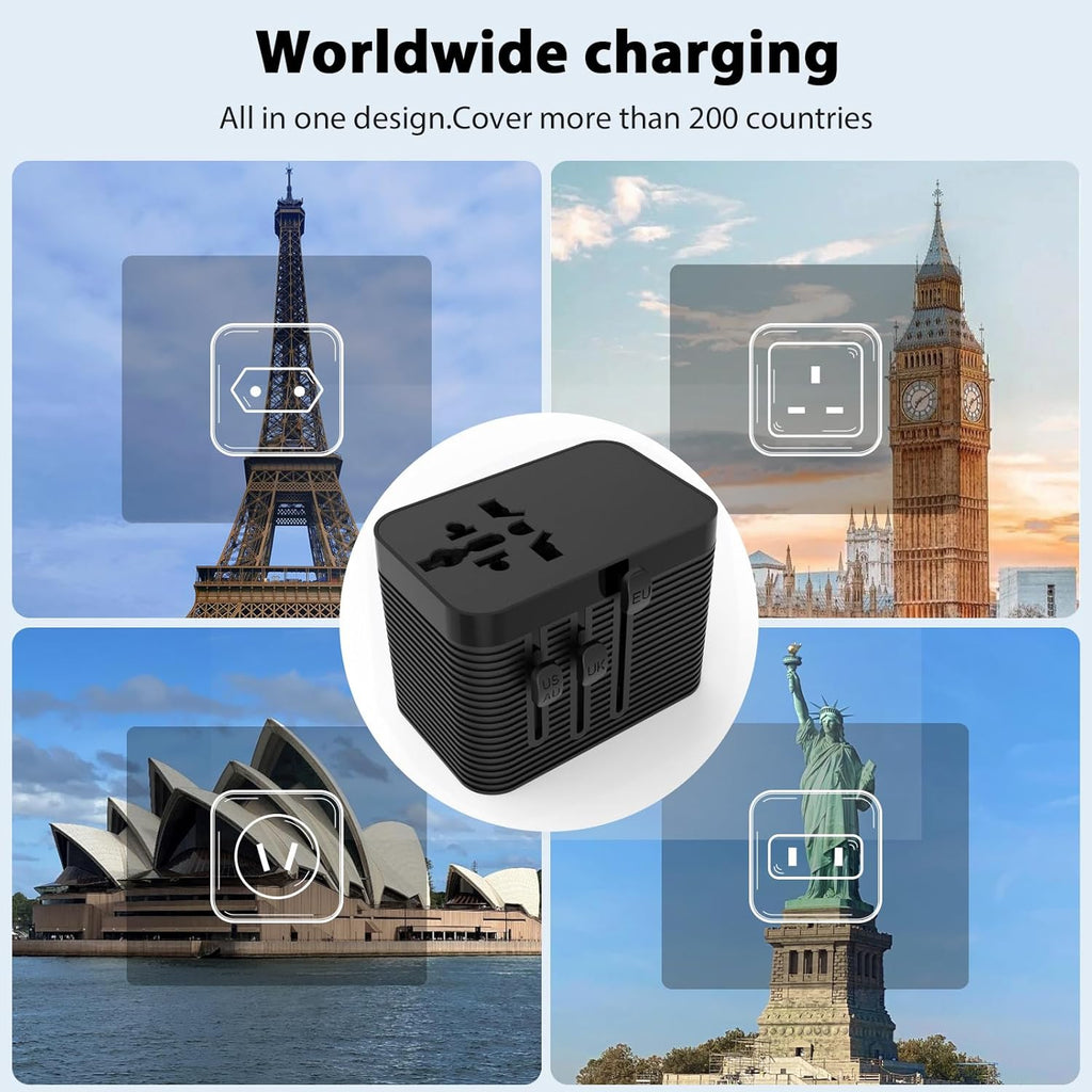 Universal Travel Adapter, European Travel Plug Adapter 5-in-1 PD Fast Charging with Surge Protection & Fuse, International Power Adapter for US EU UK AU - Black