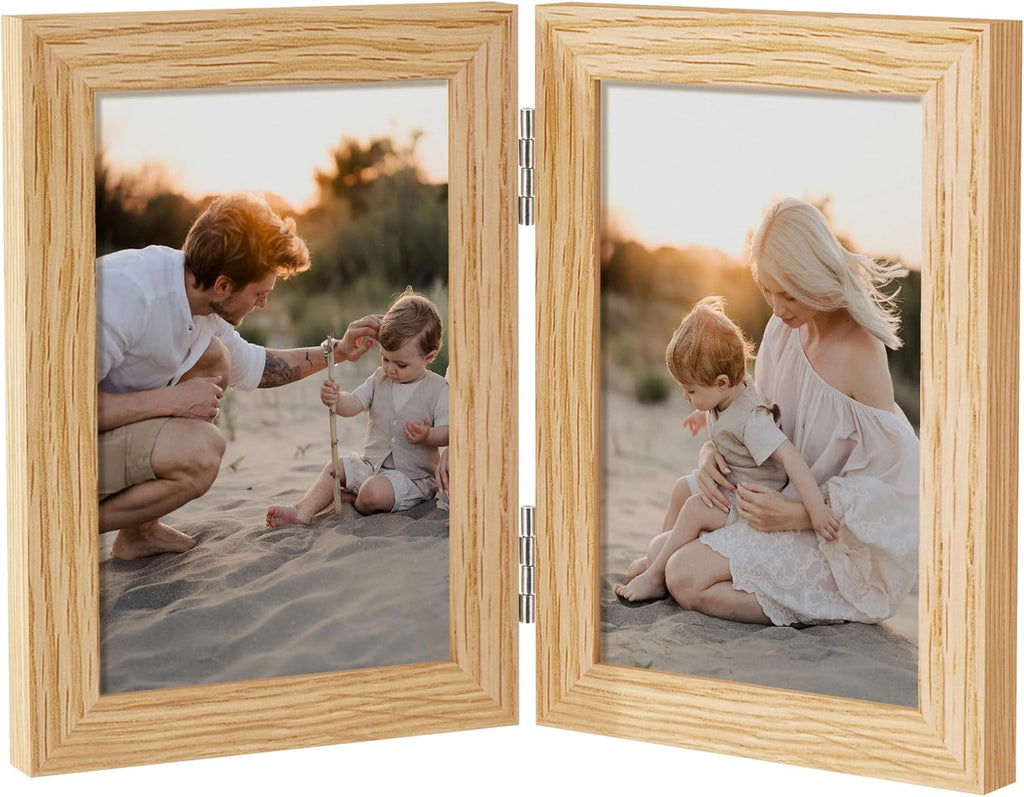 Axeman 4x6 Double Picture Frame - Solid Oak Wood Vertical Hinged 4x6 Photo Frame 2 Opening Folding Family Frames Collage With Real Glass for Tabletop Display, Hanging Hardware Included | Natural