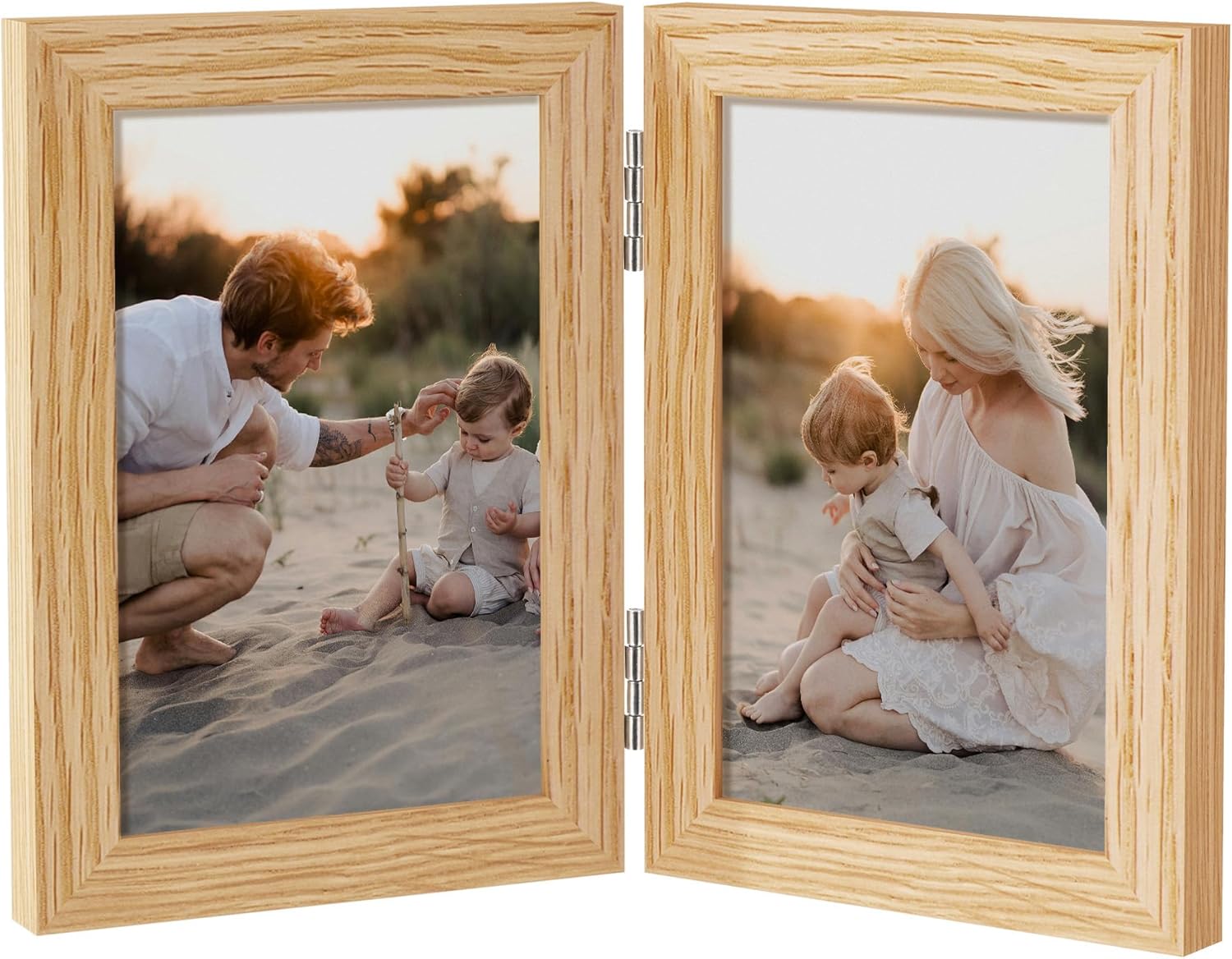 Axeman 4x6 Double Picture Frame - Solid Oak Wood Vertical Hinged 4x6 Photo Frame 2 Opening Folding Family Frames Collage With Real Glass for Tabletop Display, Hanging Hardware Included | Natural