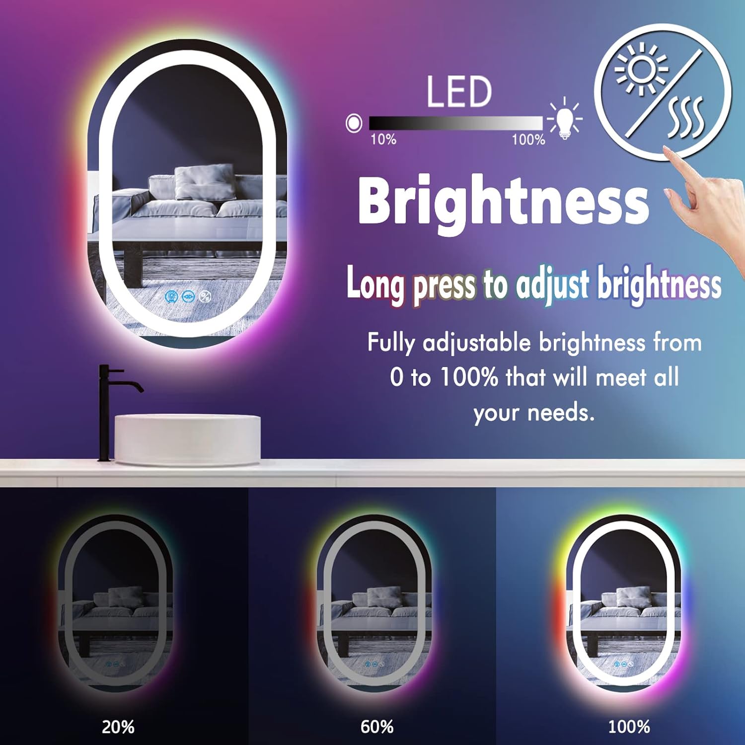 24 x 16 Inch RGB Oval Bathroom Mirror with Smart Dimmable 3 Color Front Lights & Rainbow Colorful Changing Backlit Oval Lighted Vanity Mirror for Bathroom Wall Horizontal or Vertical Mounted
