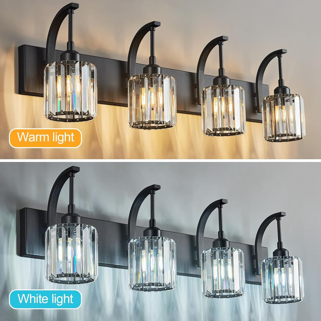 4-Light Crystal Vanity Light, Modern Black Bathroom Wall Sconce with K9 Crystal Shades, 32.67" Long Over Mirror Lighting for Vanity, Makeup, Hallway, Elegant & Easy Install