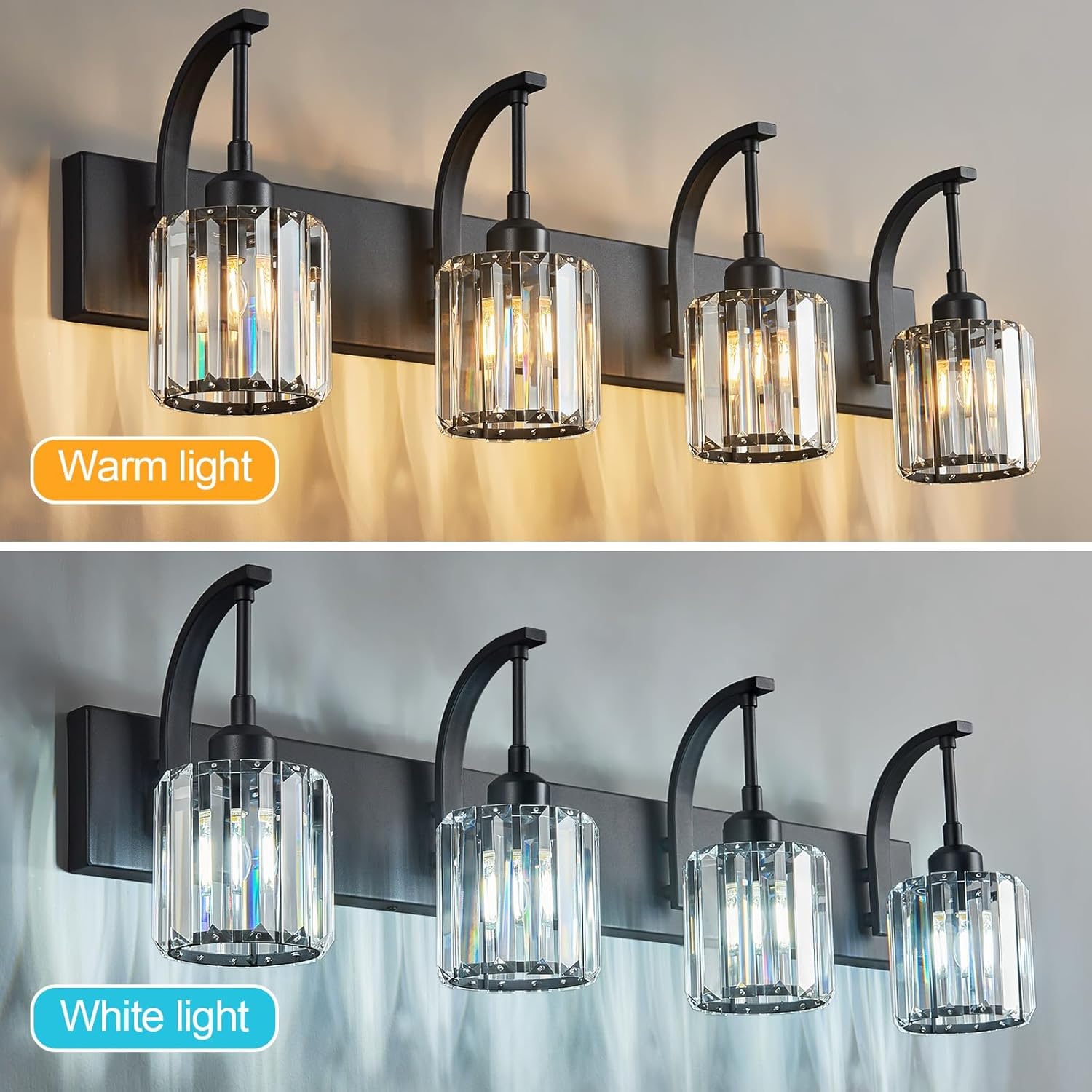 4-Light Crystal Vanity Light, Modern Black Bathroom Wall Sconce with K9 Crystal Shades, 32.67" Long Over Mirror Lighting for Vanity, Makeup, Hallway, Elegant & Easy Install