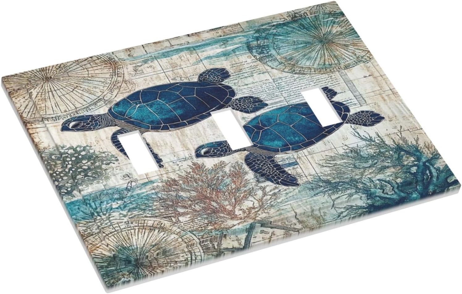 Blue Green Sea Turtle Tropical Ocean Coral Nautical Map Decorative Switch Plates 3 Gang Wall Plate Triple Toggle Light Switch Cover Faceplate Electrical Wall Panels For Bed Room Bathroom Decor