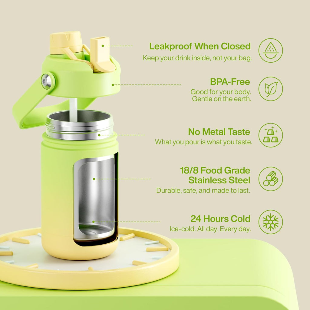 Kids Insualated Water Bottle with Straw - 12oz Stainless Steel Water Bottle with Dual Spouts, Leak-Proof, BPA-Free, Double Wall Vacuum Keeps Cold for 24 Hours for Sports, Travel, School (Morning Dew)