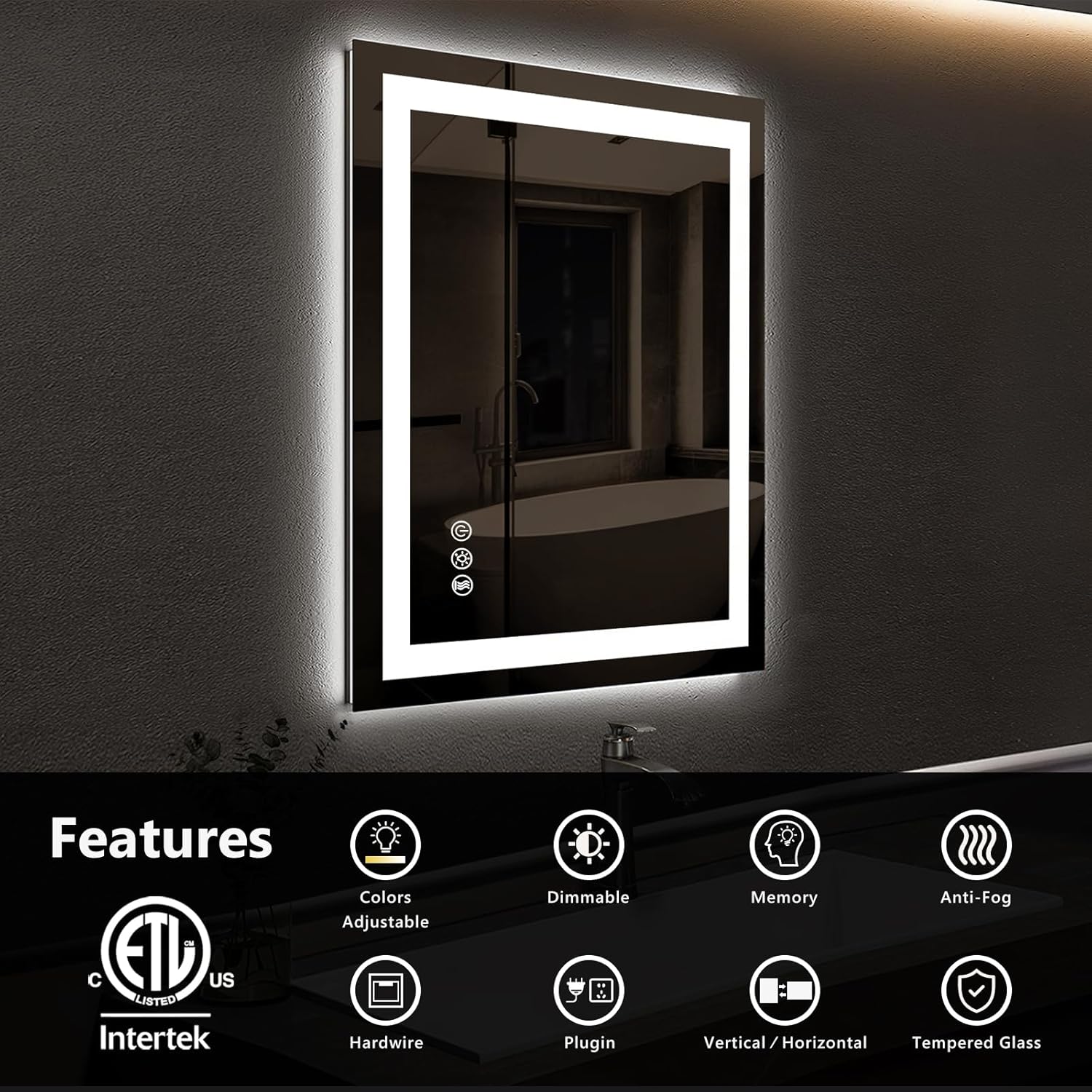 ROOMTEC 24 x 30 Inches LED Bathroom Mirror with Front and Backlit,Anti-Fog,3 Colors and Dimmable Light(Horizontal/Vertical), Silver