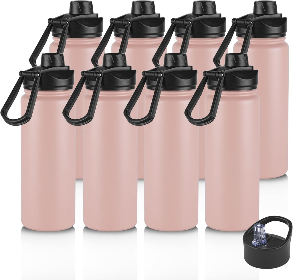 24oz Insulated Water Bottle with Straw Lid, Stainless Steel Metal Water Bottle with Straw & Wide Mouth Lid, Double Wall Vacuum for Hiking Camping, Peach 8 Pack
