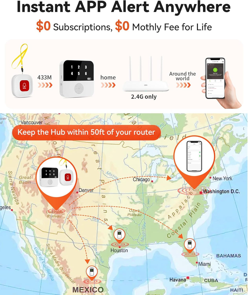 Wireless Caregiver Call Button System - Dual Hub, Multi-Location Alarm, Dsiplay Caller ID & App Alert, No Monthly Fee, 4 IP65 Panic Buttons, Emergency Alert for Elderly at Home/Nursing Homes
