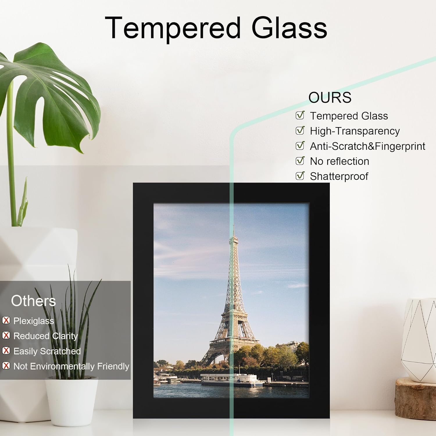 iRahmen 8x10 Picture Frame with HD Tempered Glass, Wood Photo Frames for Tabletop and Wall Mount (Black, 1 Pack)