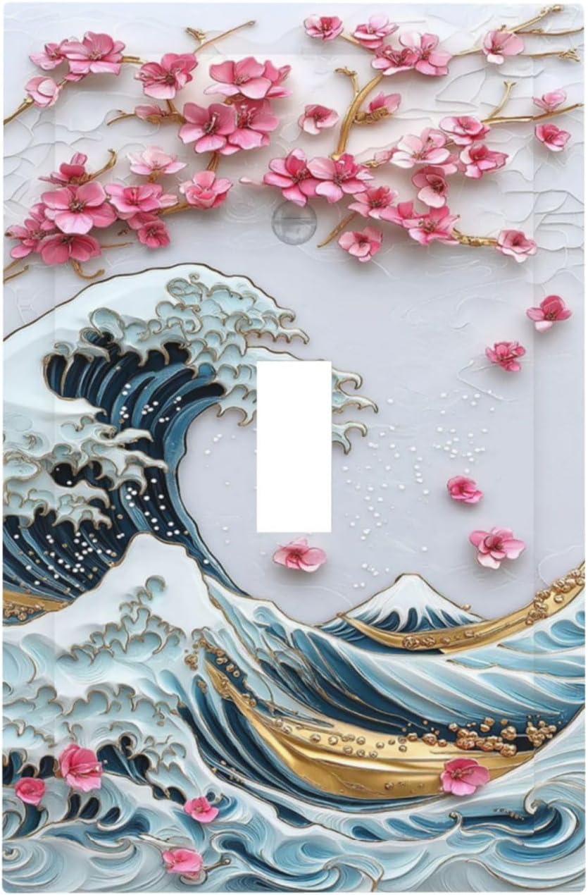Decorative Light Switch Cover The Great Wave Off Kanagawa With Sakura 1 Gang Single Toggle Device Electrical Faceplate Switchplates Decorator Outlet Wall Plate for Bedroom Bathroom Decor