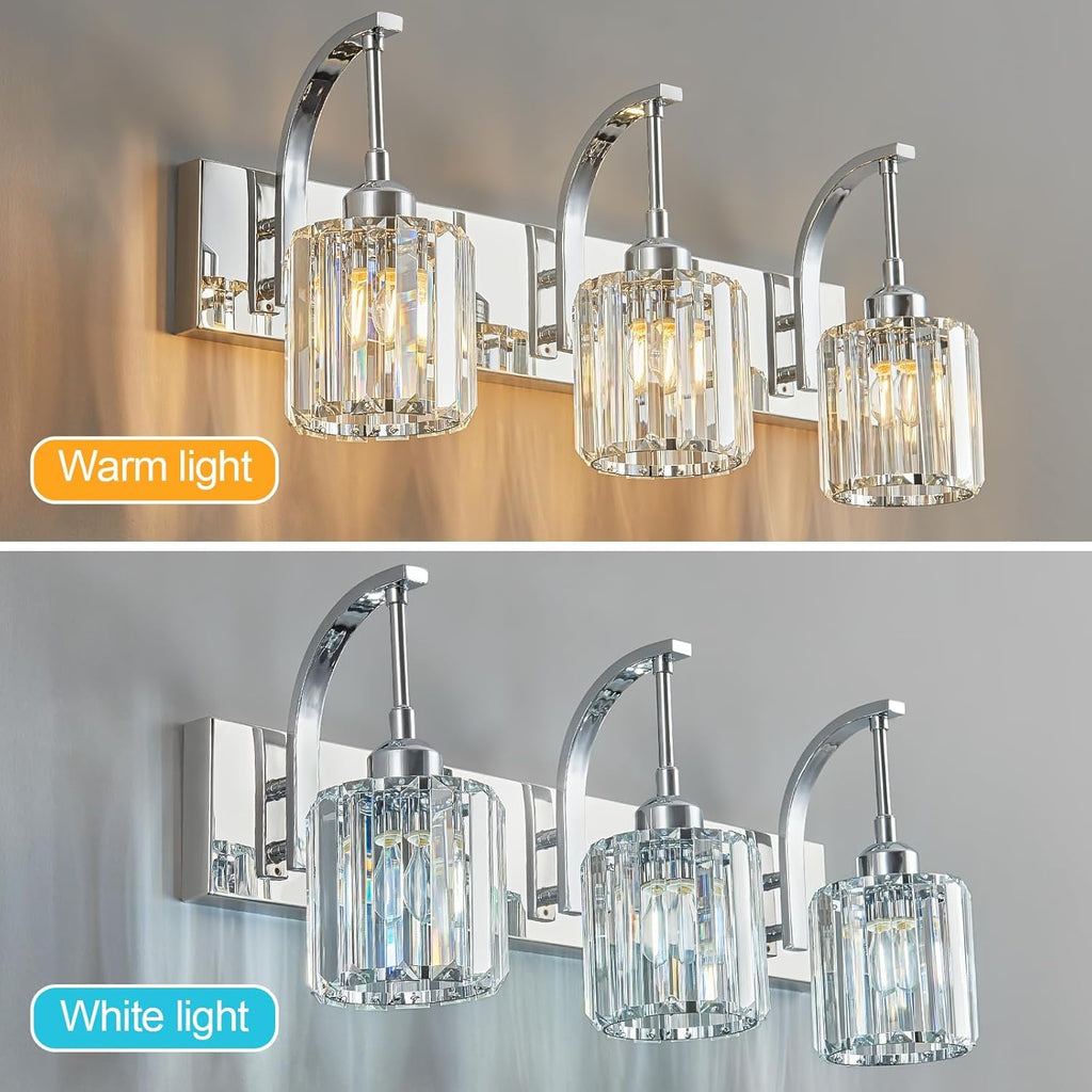 3-Light Crystal Vanity Light, Modern Chrome Bathroom Wall Sconce with K9 Crystal Shades, 23.62" Long Over Mirror Lighting for Vanity, Makeup, Hallway, Elegant & Durable