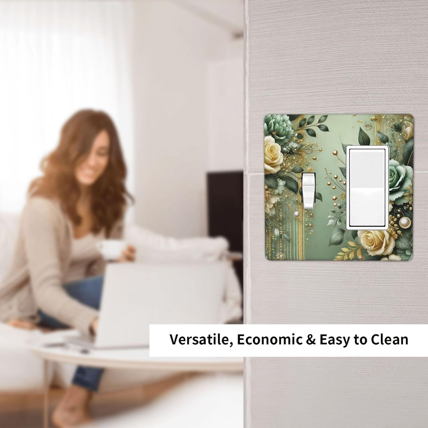 Decorative Outlet Covers Rustic Green Floral Leaves Teal Flowers Gold Stripe 2 Gang 1 Gang Wall Plate Cover Single Toggle Rocker Combo Light Switch Cover Plate Face Plate