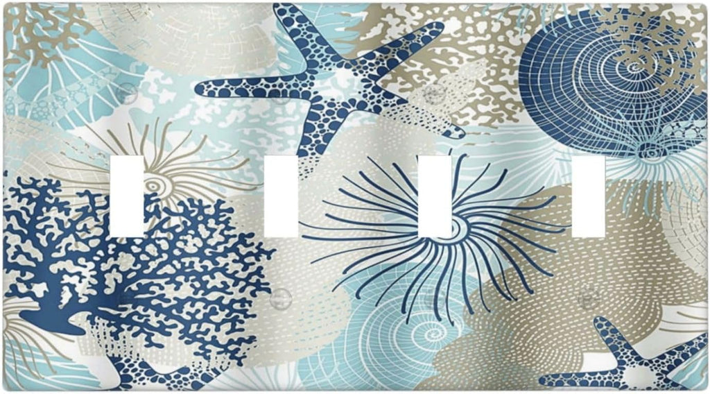 Decorative Light Switch Cover Plate Blue Starfish Brown Coral Ocean 4 Gang Wall Plates for Electrical Outlets Quad Toggle Switch Plate Covers Outlet Covers Faceplate for Girlroom Home Decor