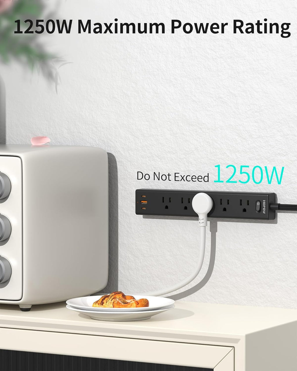 5Ft Extension Cord with Multiple Outlets, HOPOW Flat Plug Power Strip Surge Protector, 5 Outlets & 3 USB Ports (2 USB C), 1700 Joules, Wall Mount, Charging Station for Home Office Dorm, Black