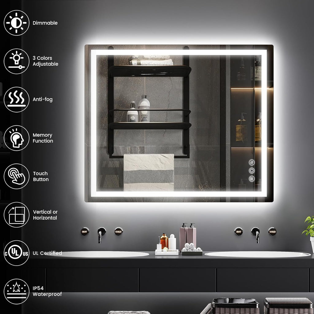 30"x 36" Bathroom Mirror for Over Sink, Anti-Fog LED Bathroom Mirror with Lights, Memory 3 Colors Modes & Dimmable Bathroom Vanity Mirror