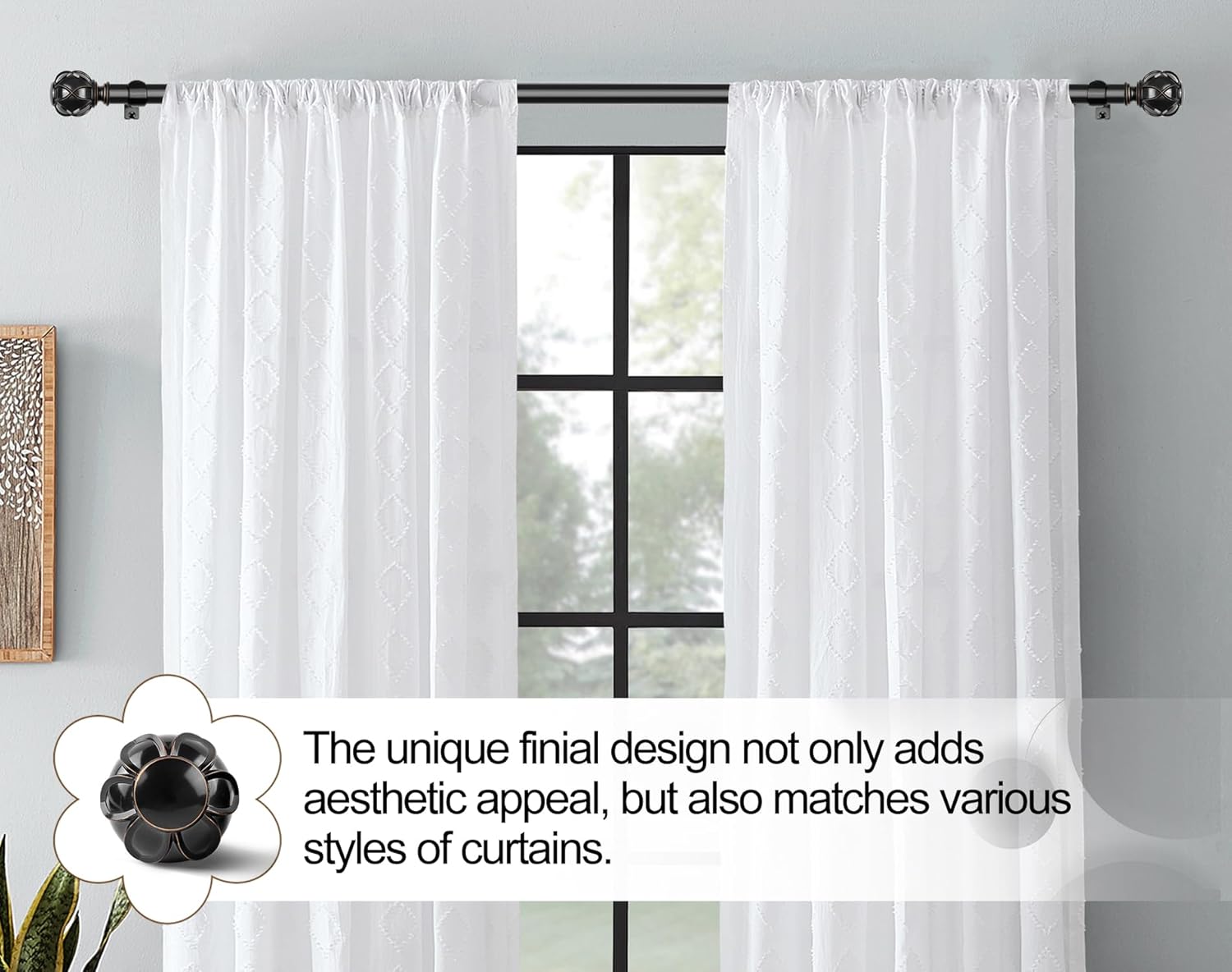 KAMANINA 1 Inch Curtain Rod Telescoping Single Drapery Rod 28 to 48 Inches (2.3-4 Feet), 2 Pack Black Curtain Rods for Windows 16 to 44 Inches, Netted Texture Finials