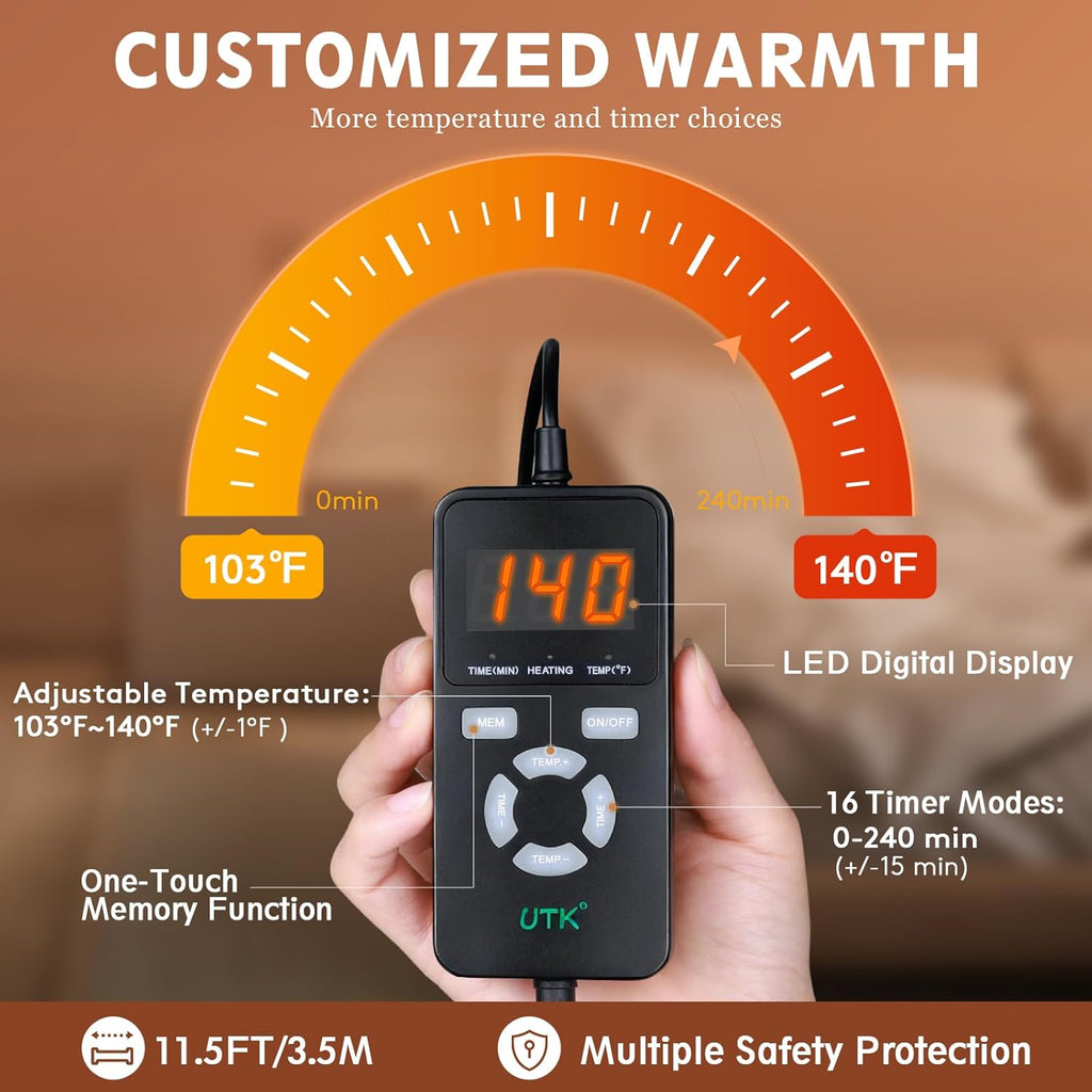 UTK 36" x 24" Extra Large Far Infrared Heating Pad, 5X Deeper Pain Relief for Neck Shoulder Back, Christmas Gifts for Mom Dad Women Men, Hotter to 140℉, 4H Auto Shut Off, Washable, Ultra-Soft