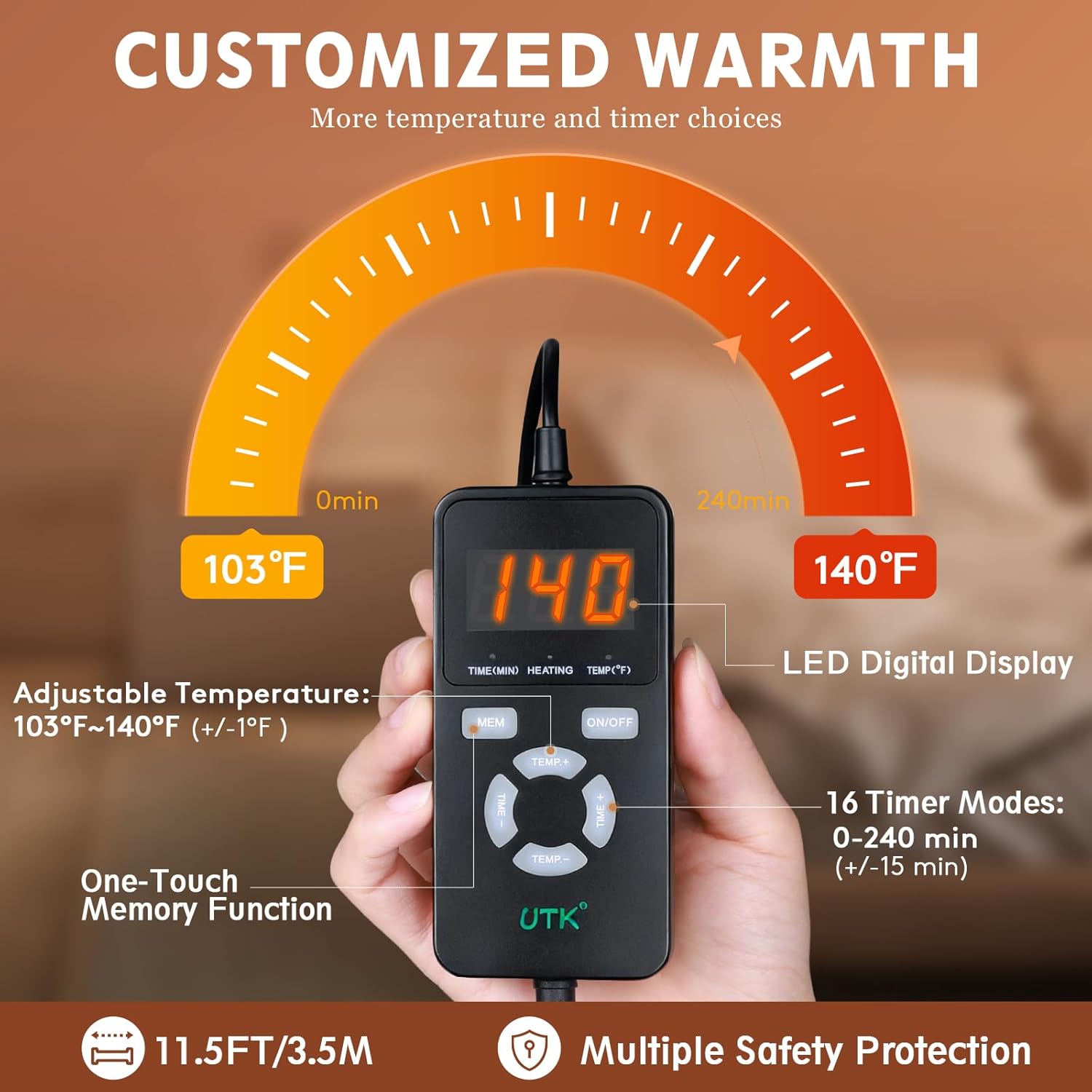 UTK 36" x 24" Extra Large Far Infrared Heating Pad, 5X Deeper Pain Relief for Neck Shoulder Back, Christmas Gifts for Mom Dad Women Men, Hotter to 140℉, 4H Auto Shut Off, Washable, Ultra-Soft