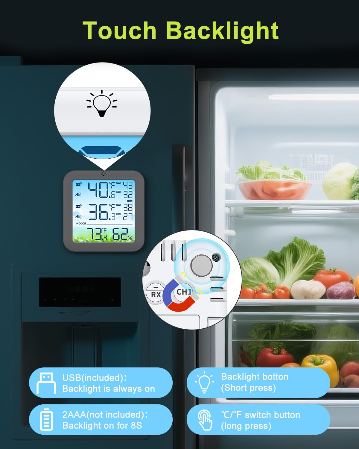 Wireless Fridge and Freezer Thermometer with Alarm, Max/Min Temperature Records Digital Refrigerator Thermometer, 328FT Remote Range, Magnetic & Stand Options for Kitchen Home Restaurant