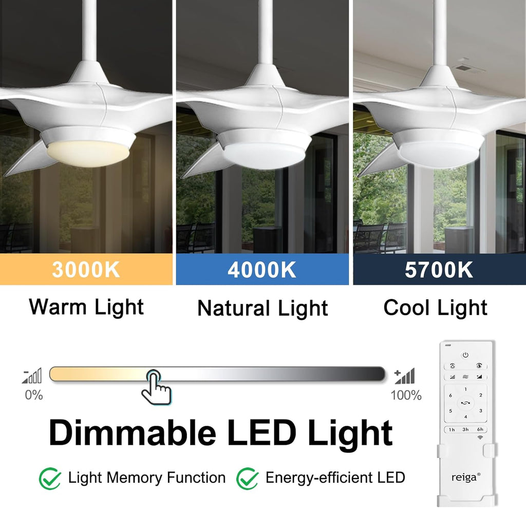 reiga 52 Inch Smart White Ceiling Fan with Light and Remote, ETL Listed Quiet DC Motor 3 Blade Indoor Outdoor Ceiling Fans for Bedroom Living Room Patios