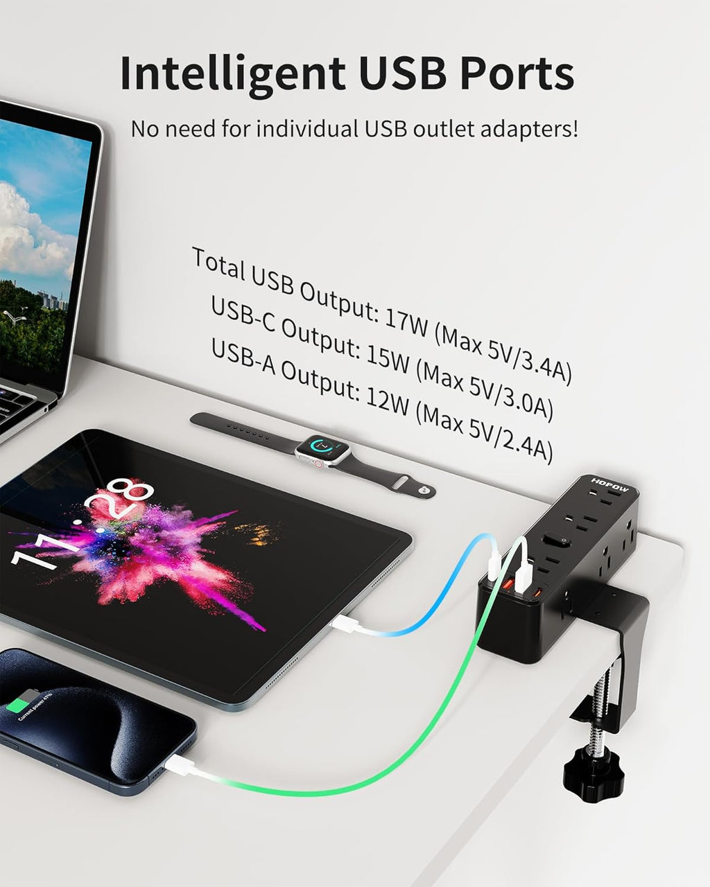 Desk Clamp Power Strip, Desktop Edge Mount Charging Station with 9 AC Outlets 4 USB (2 USB C), Fit 2.75" Tabletop, Under Desk Surge Protector 1700J, 10 Ft Extension Cord for Home Office, Black