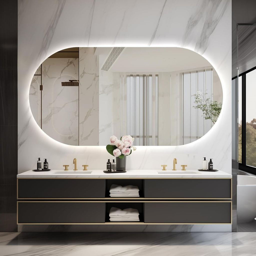 55"x28" Oval Led Bathroom Mirror with Lights, Frameless Backlit Vanity Mirror for Wall, Anti Fog Smart Mirror with 3 Colors Stepless Dimmable, Waterproof, Explosion-Proof, Vertical/Horizontal