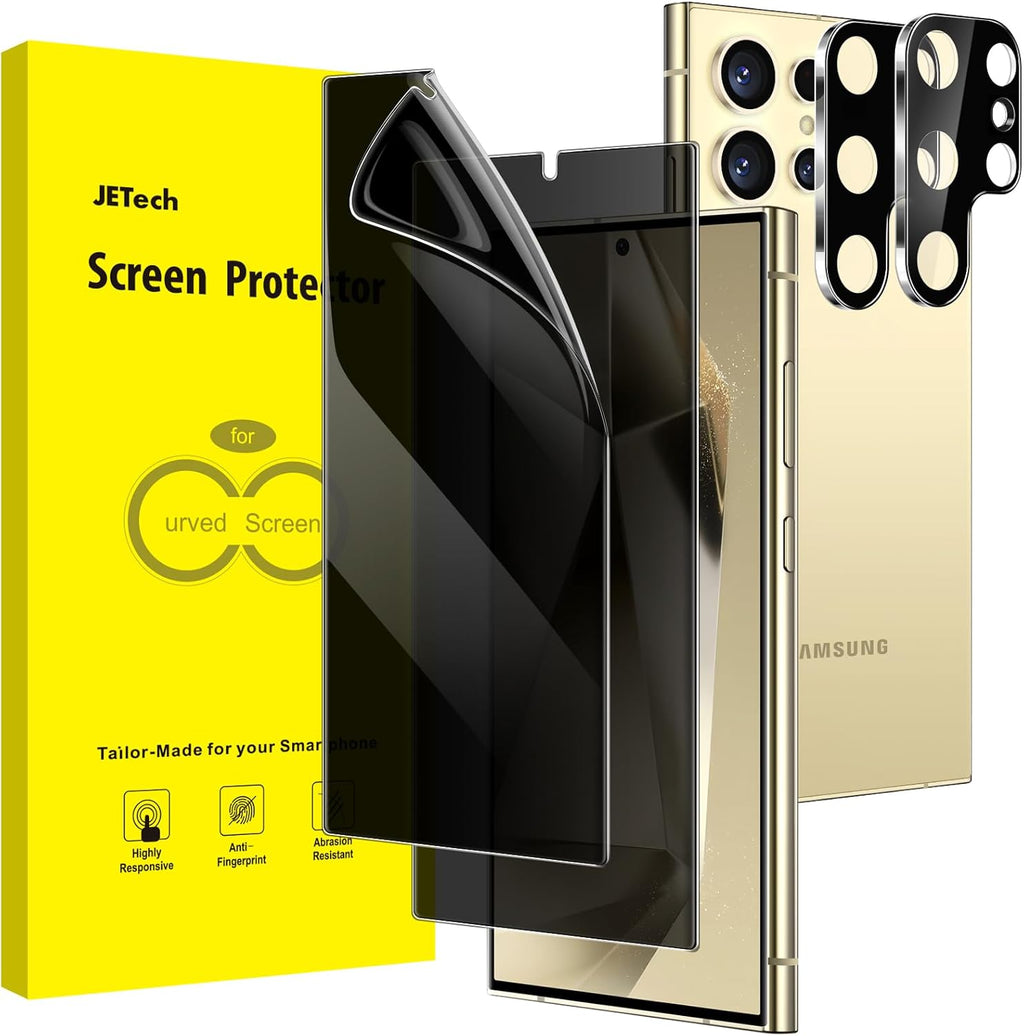 JETech Privacy Screen Protector for Samsung Galaxy S24 Ultra 5G 6.8-Inch with Camera Lens Protector, Anti-Spy Flexible TPU Film, Fingerprint Unlock Compatible, 2-Pack Each
