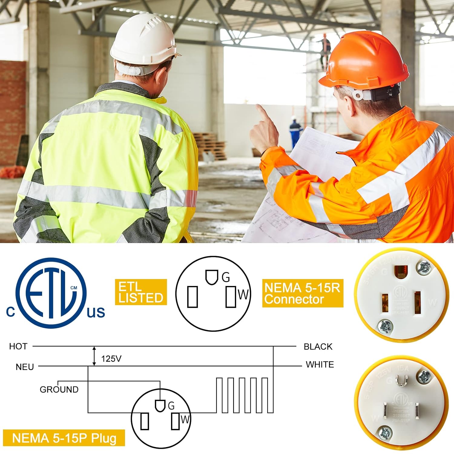 Sherr 16 Pcs Extension Cord Ends 15A 125V 2 Pole 3 Wire Heavy Duty Replacement Male Plug Female Connector Set 5-15P 5-15R Straight Blade Plug Grounding Type/ETL Listed (Male,Female)