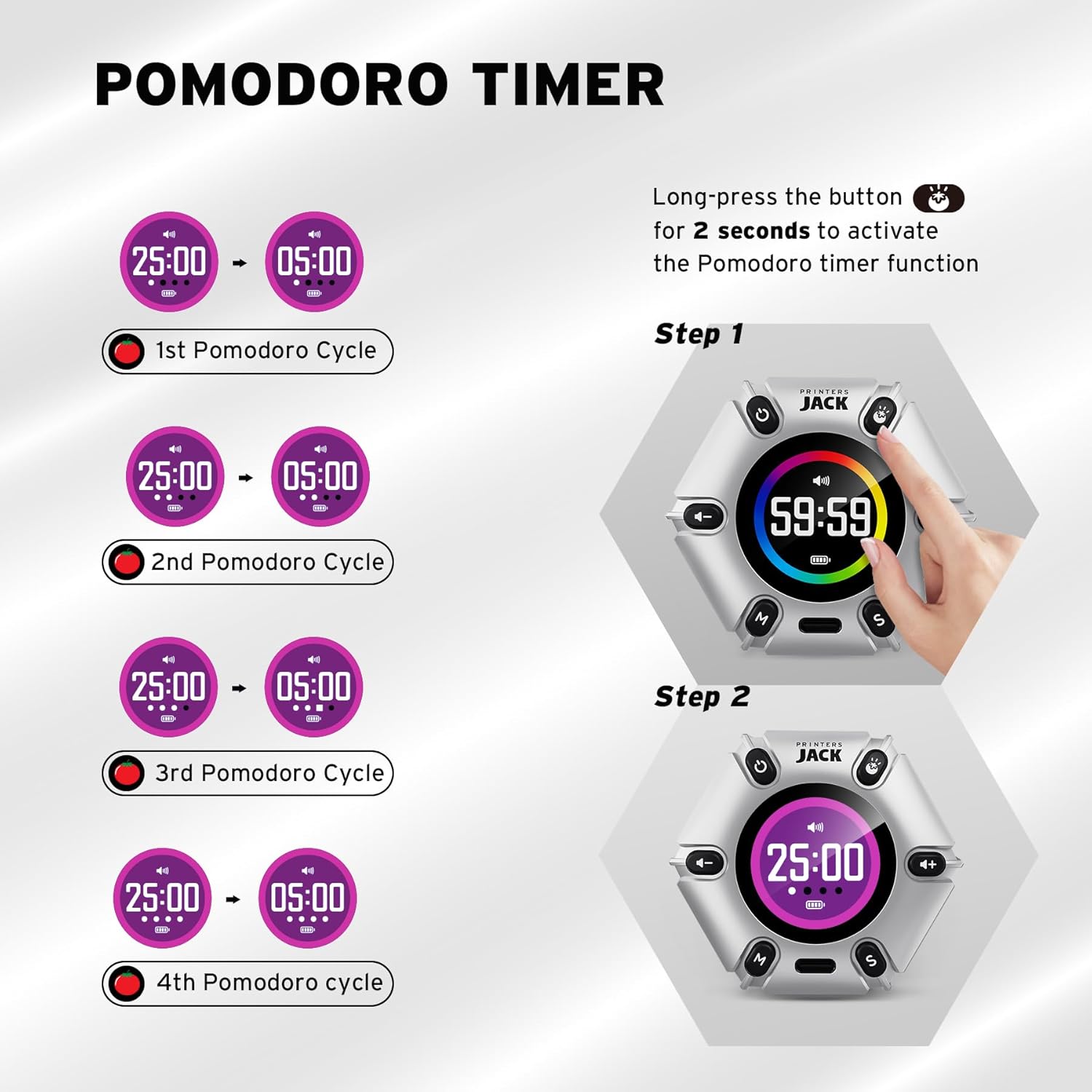 Jack Pomodoro Timer - Productivity Cube & Visual Focus Timer, Mute & Vibration & Adjustable Sound Alert, for Office, ADHD, Study & Work, 3/5/10/25/30/60min & Custom Countdown - Silver