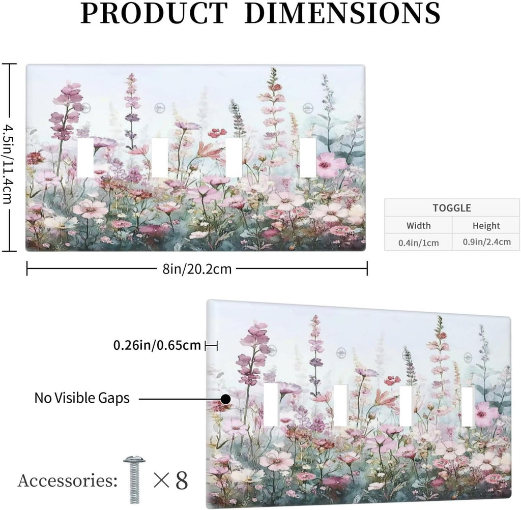 Pink Floral Watercolor Botanical Wildflowers Light Switch Covers Quad Toggle Electrical Faceplate 4 Gang Wall Plate Decorative Switch Plates For Bed Room Living Room Decor