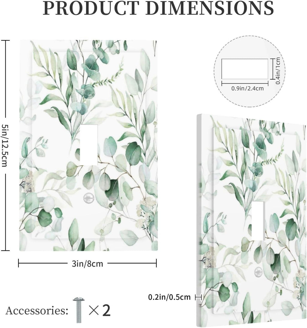 Boho Green Eucalyptus Leaf Floral Plants Flowers Decorative Light Switch Cover 1 Gang Single Toggle Device Electrical Faceplate Switchplates Decorator Outlet Wall Plate for Bed Room Living Room Decor
