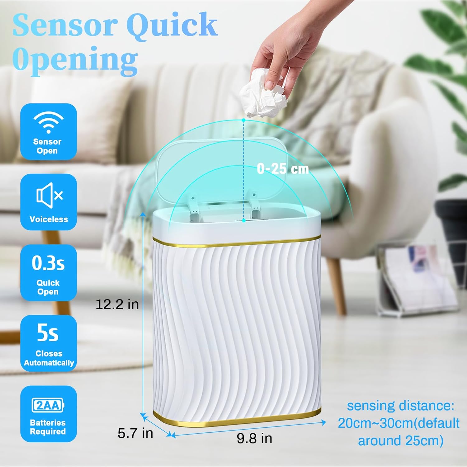 steo spce Automatic Motion Sensor Bathroom Small Trash Can with Lid, 2.6 Gallon Touchless Slim Garbage Can, Smart Waterproof Trash Bin for Bedroom, Restroom, Living Room, Office