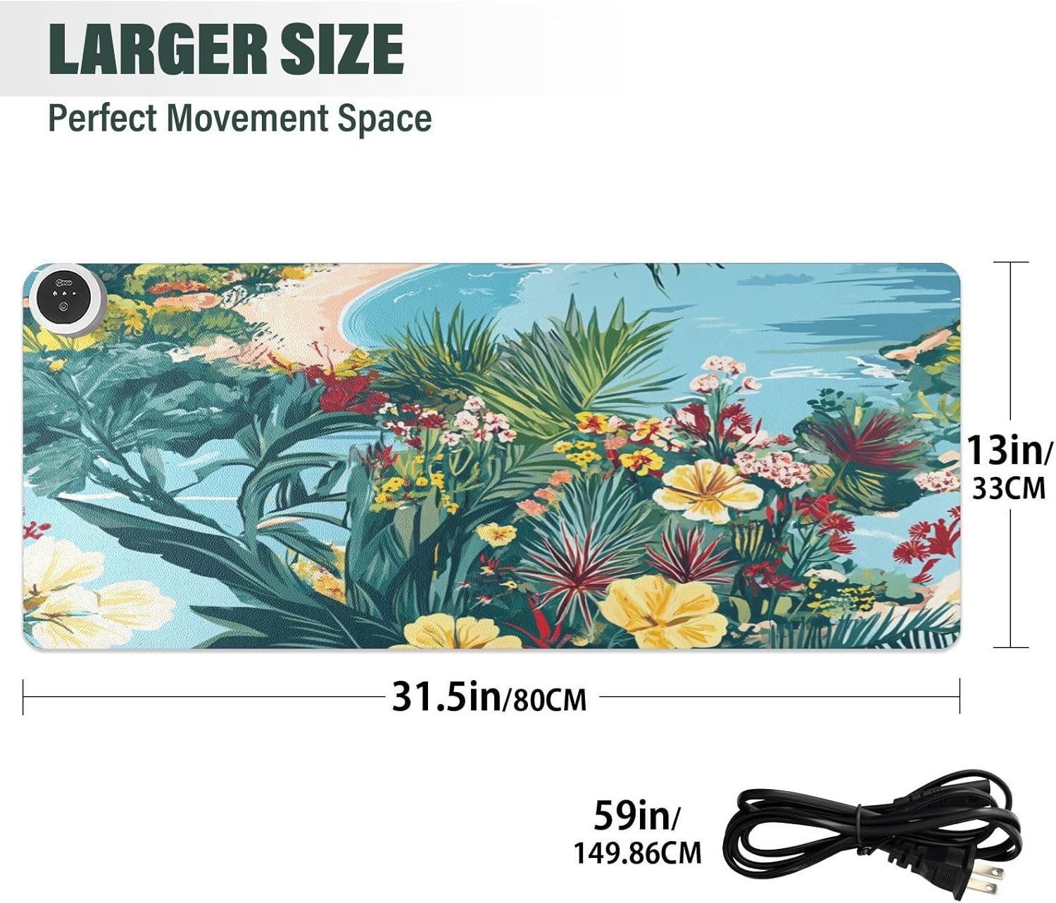 Heated Desk Pad Mouse Pad 31.5x13 Inch PU Leather Desk Mat with 3 Heat Levels Large Mouse Gaming Computer Laptop Mat Coastline Hibiscus