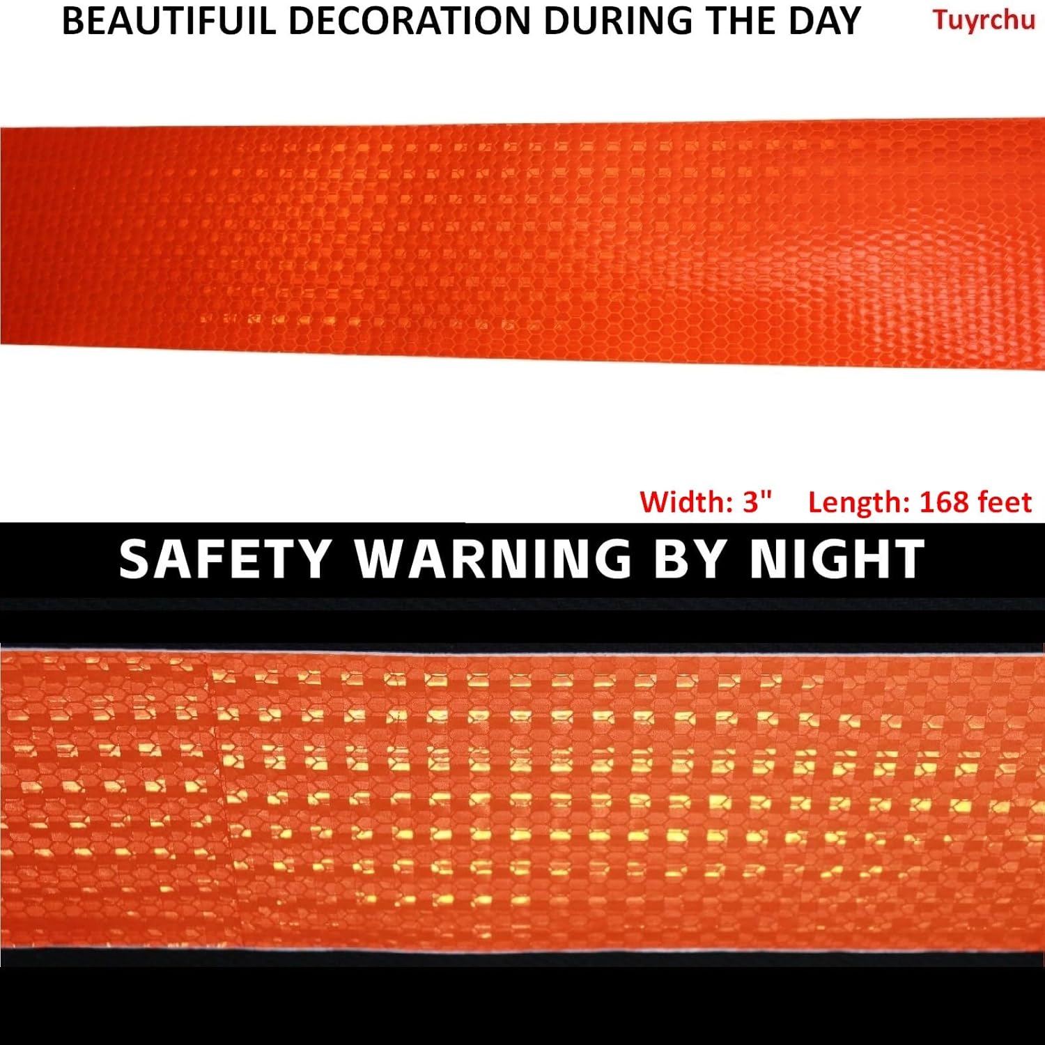 Orange Reflective Tape Outdoor Waterproof 3 inch Wide, High Visibility Industrial Marking Tape, Safety Adhesive Stickers (168 feet)