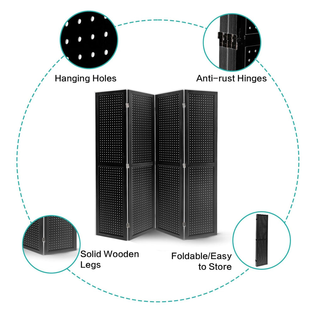 Babion 4 Panel Pegboard Display, Peg Board Room Divider Freestanding Folding Privacy Screens Display Stand for Craft Shows (Black)