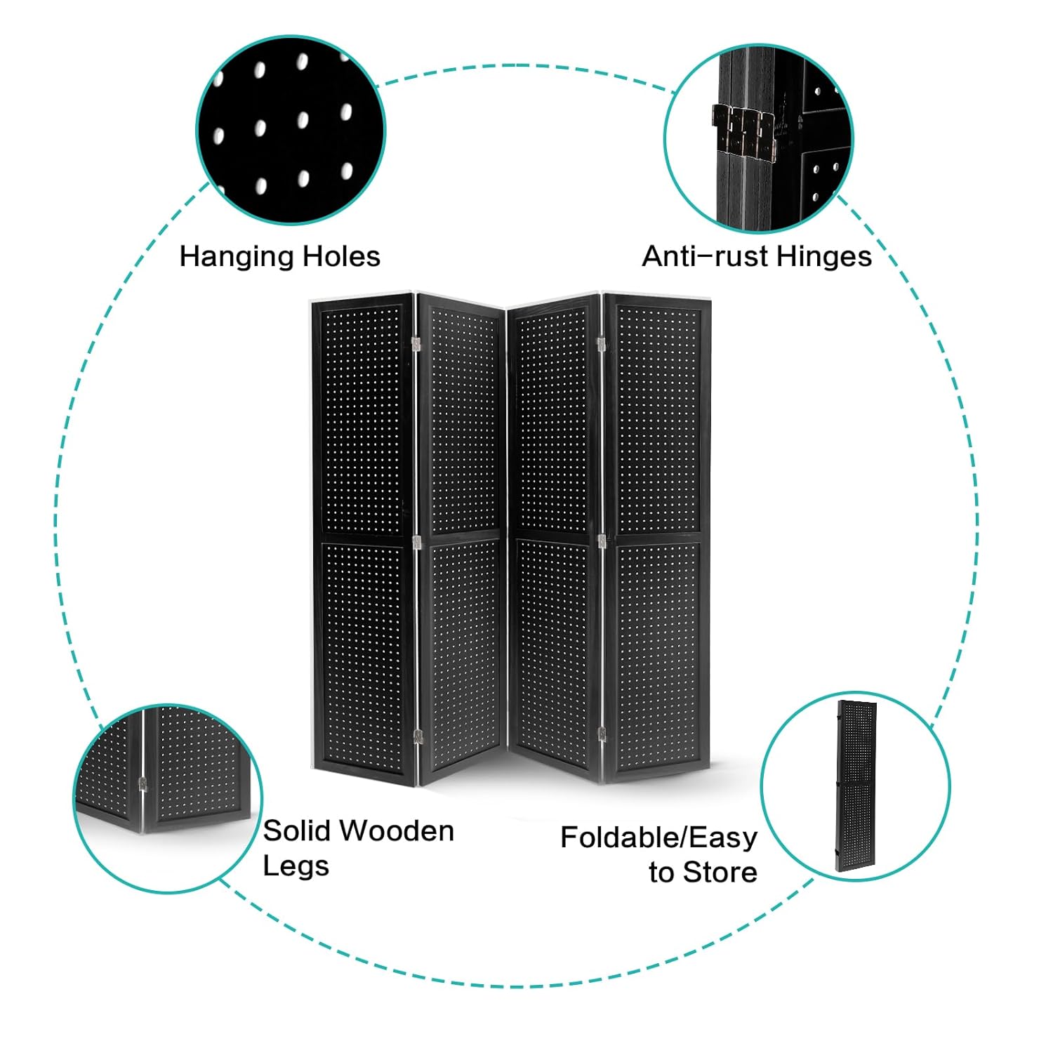 Babion 4 Panel Pegboard Display, Peg Board Room Divider Freestanding Folding Privacy Screens Display Stand for Craft Shows (Black)