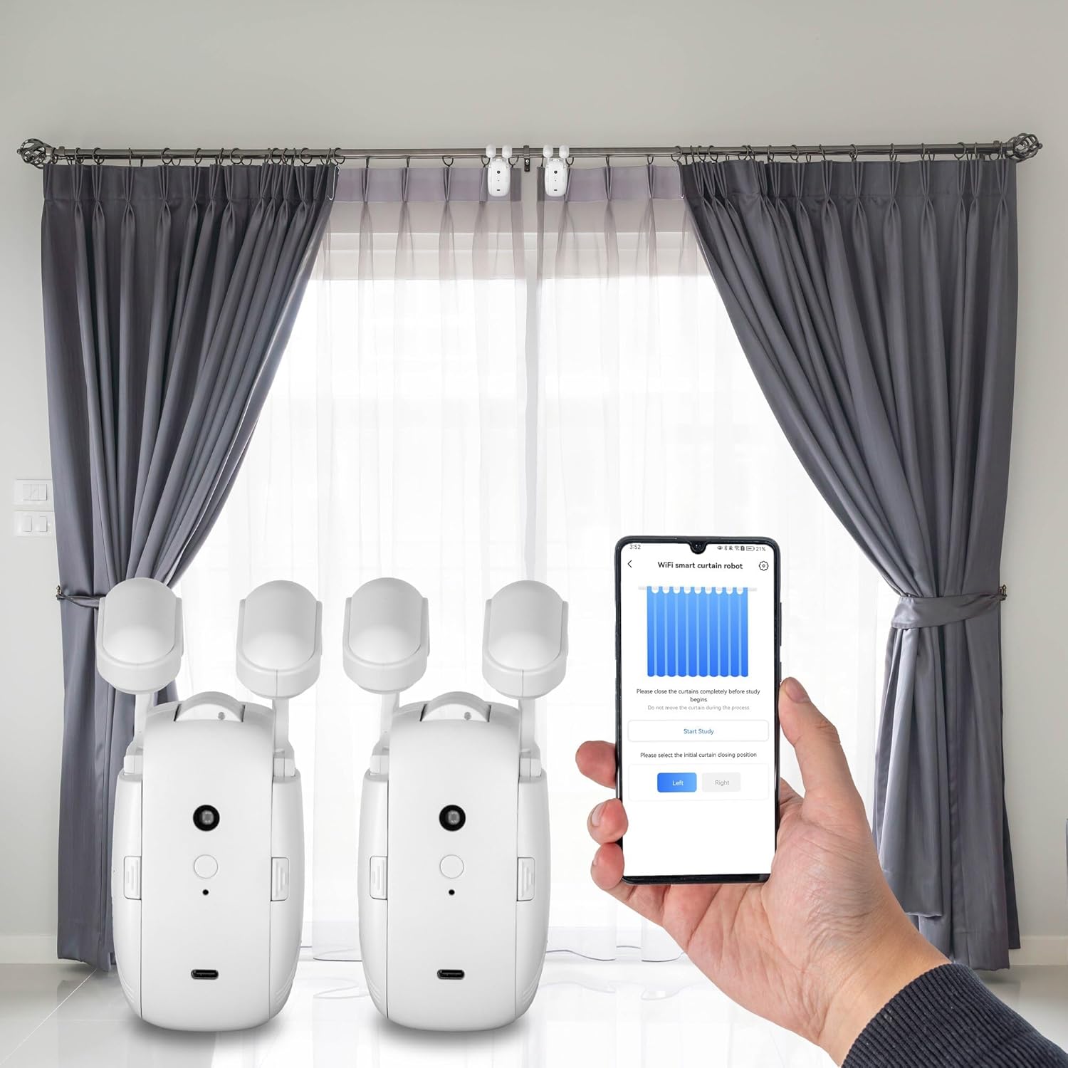 Smart Curtain Openers with Remote Control - High-Performance Motor for Roman, T/U-Shaped Tracks - Automated Opening/Closing (WiFi 2PK)